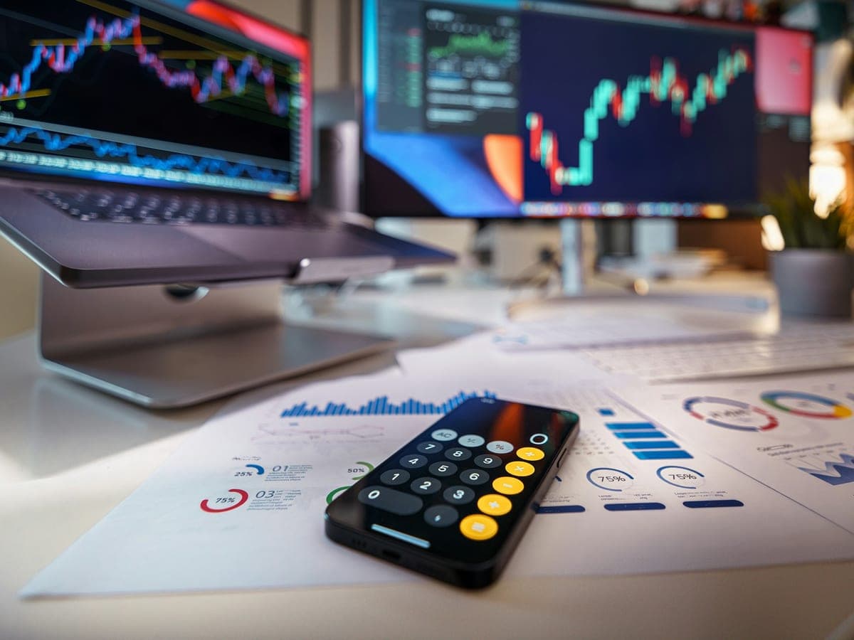 A desk with a laptop and a monitor showing market charts